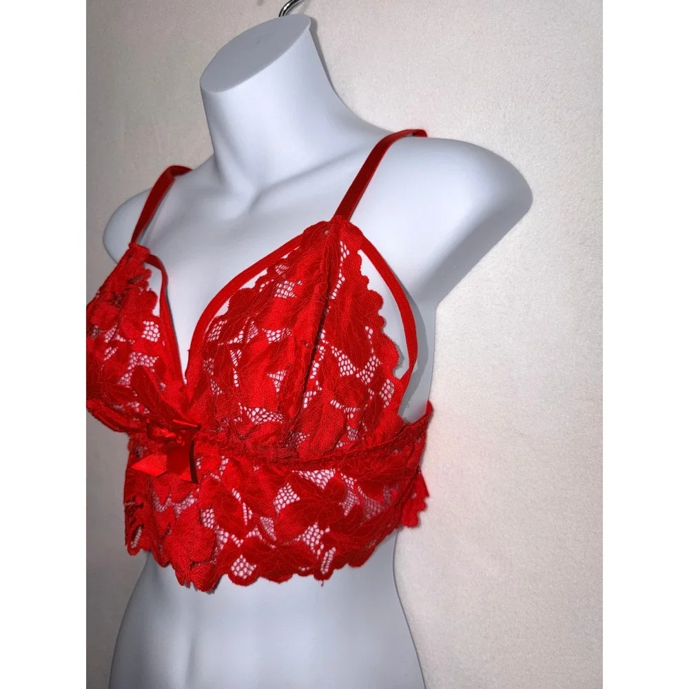 Red Floral Lace Longline Bralette Strappy Cage Bow Accent Top Size 0xl
